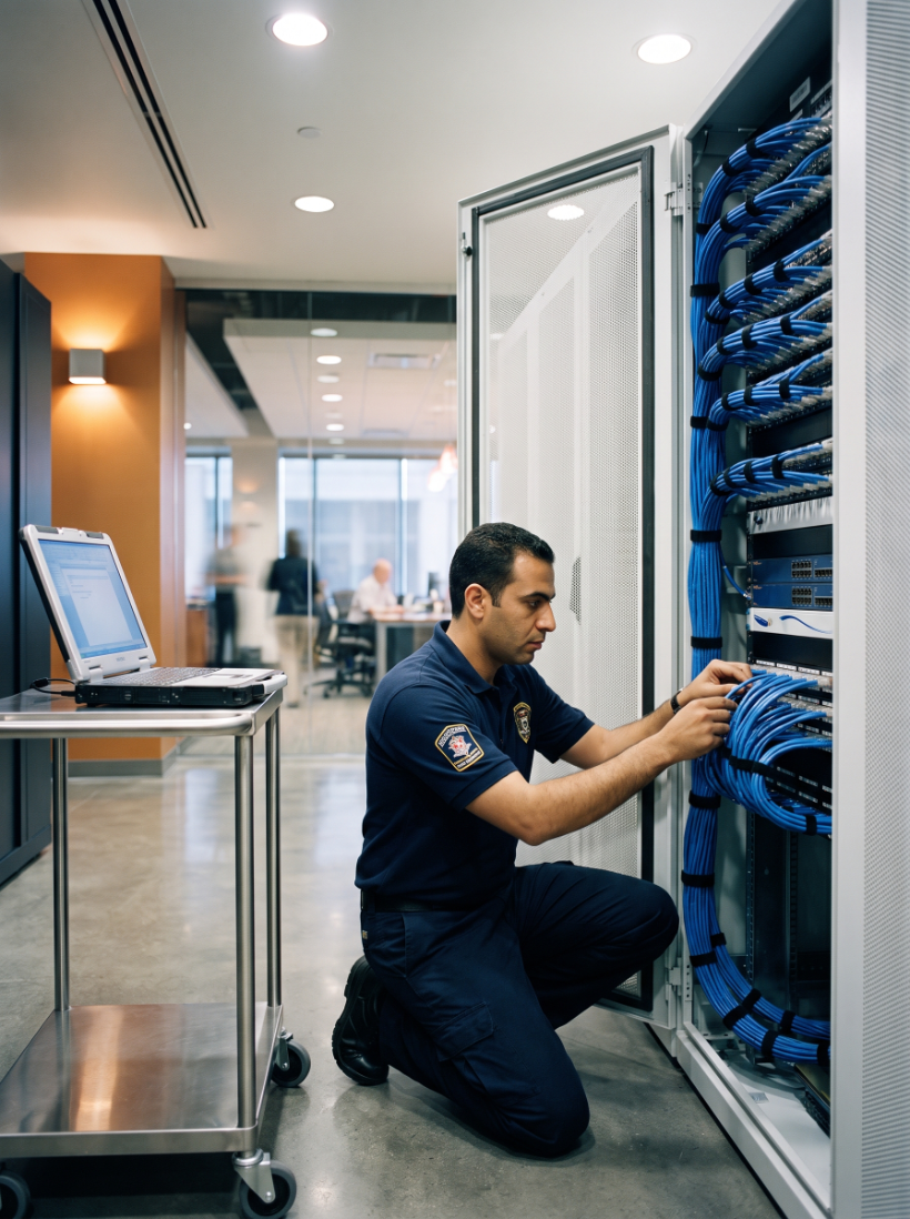 A Dr.Vista engineer wiring an enterprise rack